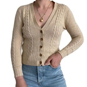 Vintage 1960s Womens Jaeger Cashmere Wool Blend Beige Tan Preppy Cardigan XS